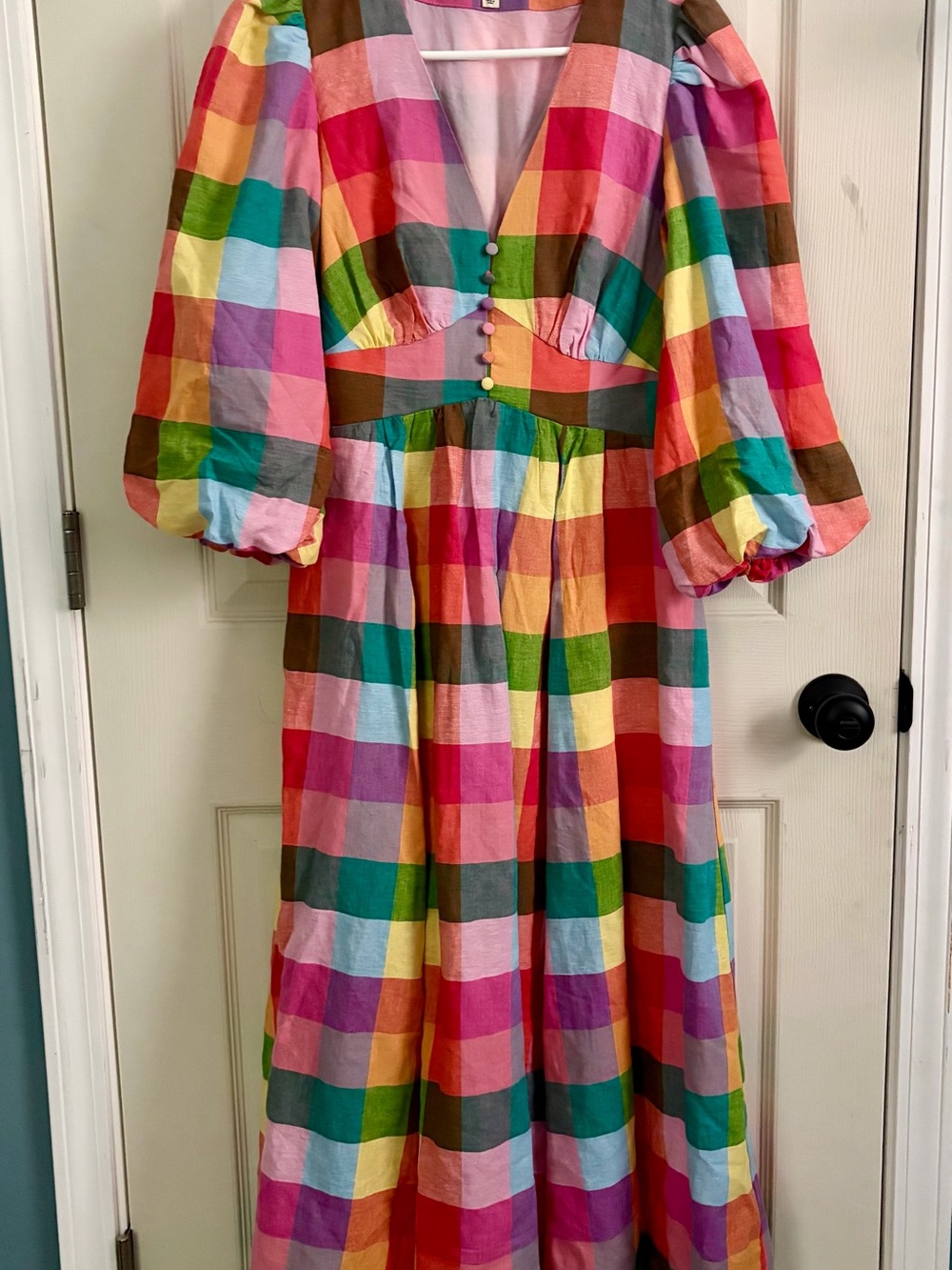 Boden Colorful Gingham Maxi Dress with Puffed Sleeves. - Picture 3 of 7